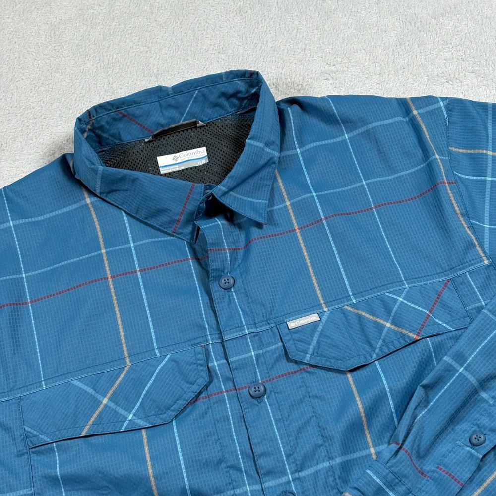 Columbia Mens Omni-Shade Blue Plaid Long Sleeve Fishing Hiking Shirt Large